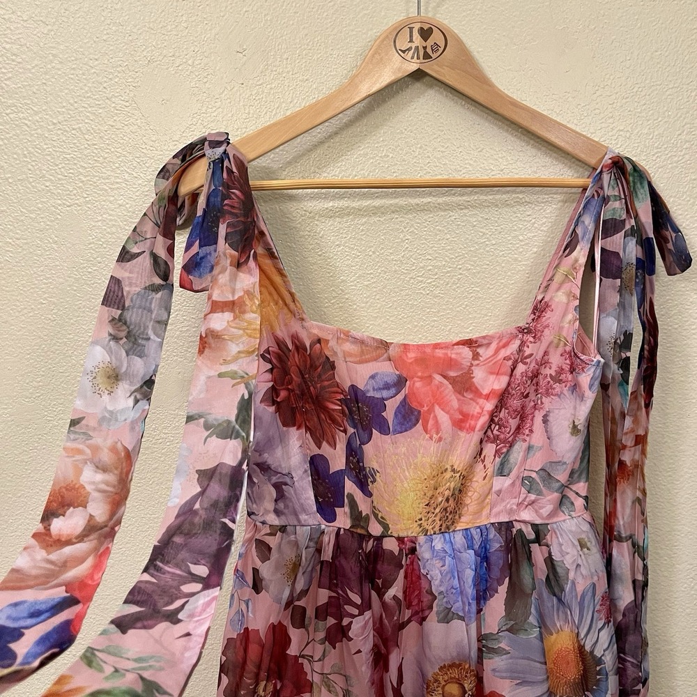 Francesca's Audrey Parks Alahna Floral Maxi Dress Pink Tie Strap Fairy Tutu Sz S - Picture 8 of 16